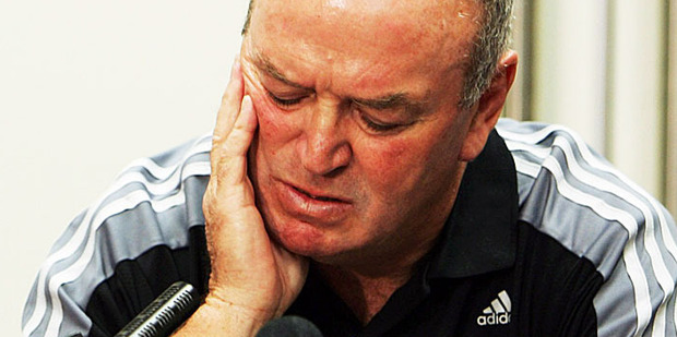 Graham Henry fronts a press conference in Christchurch after the All Blacks lost to France in the 2007 Rugby World Cup. Photo / Getty