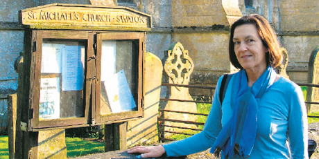 Susan Buckland stands outside St Michael's Church in Swaton, Lincolnshire, where her great grandfather Vincent Allen once worshipped. Photo / Supplied