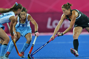 New Zealand Black Sticks player Krystal Forgesson in action against Argentina. Photo / Brett Phibbs