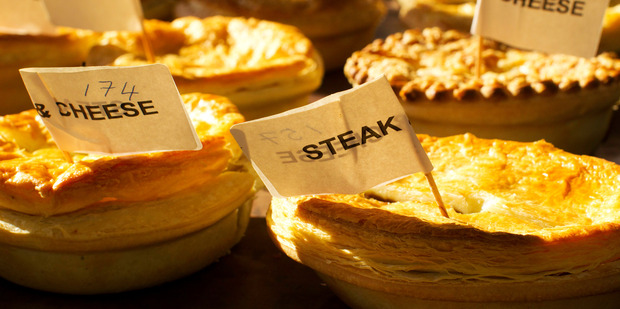 Mince and cheese pies lined up for judging at the New Zealand Bakels Supreme Pie Awards in Auckland. Photo / Richard Robinson