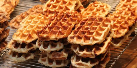 Authentic Belgian waffles are butter-rich, with a hint of cinnamon, and topped with caramelised sugar.