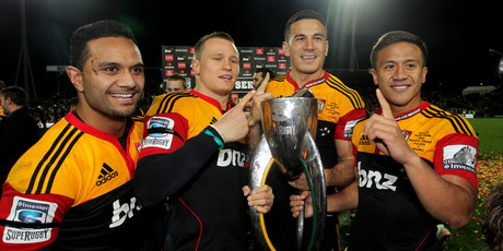 Lelia Masaga, Robbie Robinson, Sonny Bill Williams and Tim Nanai-Williams, are all smiles as they celebrate their win. Photo / Alan Gibson.