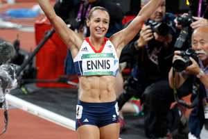 Great Britain's Jessica Ennis was jubilant after winning her heptathlon 800m to take the gold medal on Saturday. Photo / Mark Mitchell