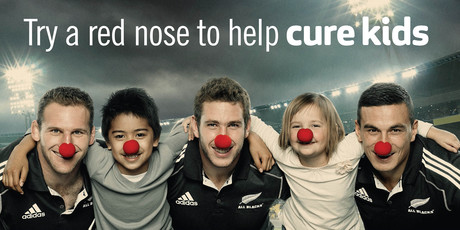 Richie Takapautolo and Frances Everall, both 9, join All Blacks (from left) Kieran Read, Luke Romano and Sonny Bill Williams to promote Red Nose Day. Photo / Supplied