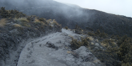 Ash covers a walkway on the Tongariro crossing. Photo / Supplied