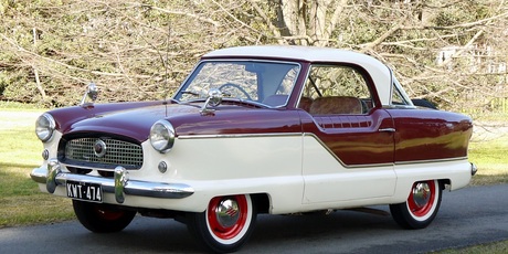 The Nash Metropolitan is one of the few right-hand-drive models made, and is ready to drive away.