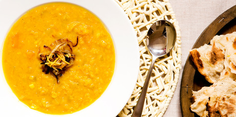 Lemon, red lentil and pumpkin soup. Photo / Babiche Martens