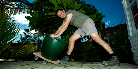 Have wheels, will travel. Justin Newcombe finds transporting a pot a cinch with a dolly. Photo / Dean Purcell