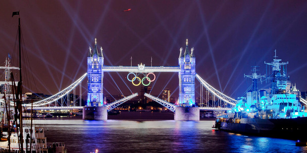 London's Tower Bridge during the opening ceremony of the Olympics. Photo / AP.