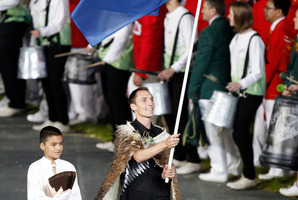 Nick Willis leads the New Zealand team into Olympic Stadium. Photo / Mark Mitchell