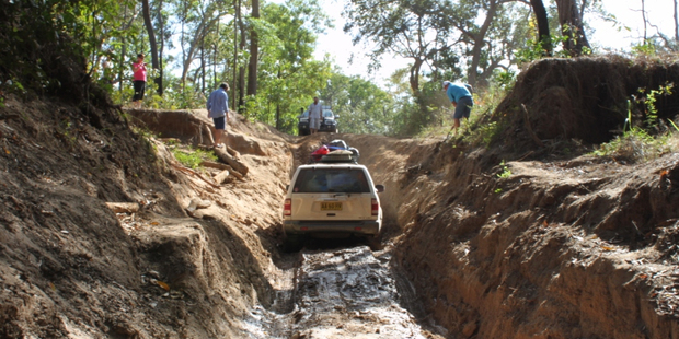 Chuckie navigates the notorious Palm Creek crossing. Photo / Colin Espiner