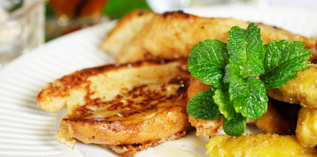 Coconut French toast with fried bananas. Photo / Michael Craig