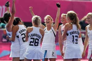 The Black Sticks celebrate qualifying for the semifinals of the women's Olympic hockey tournament. Source / Brett Phibbs NZ Herald
