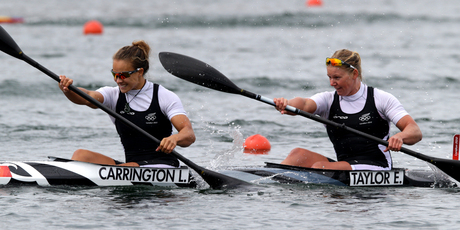 Lisa Carrington and Erin Taylor compete in the K2 500m final. Photo / Brett Phibbs.