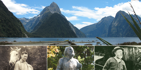 Milford Sound has had scenic appeal for tourists since colonial times. Davey Gunn, Quinton McKinnon and Richard Henry (L-R) were among Fiordland's pioneers. Photo / Paul Rush, Supplied
