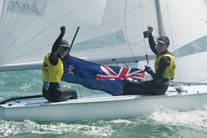 Jo Aleh and Olivia Polly Powrie (NZL) Gold medal winners racing in the 470 Women class on day 6 of the Skandia Sail for Gold Regatta. Photo / OnEdition