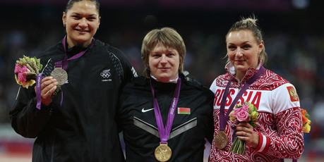 Olympians Valerie Adams (silver), Nadzeya Ostapchuk (gold) and Evgeniia Kolodko (bronze). Photo / AP