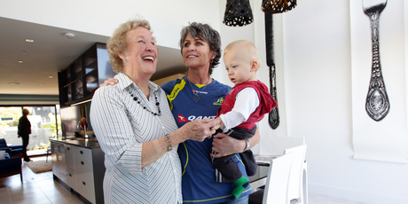 Marion O'Connell, daughter-in-law of the original owner, visits with daughter Fran Harris and grandson Dominic. Photo / Doug Sherring