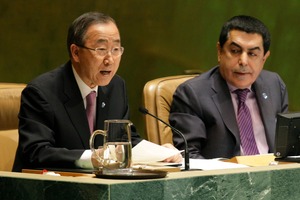 UN Secretary general Ban Ki-Moon, left, speaks during a meeting of the UN General Assembly. He's urging for a flexible UN presence in Syria.
Photo / AP