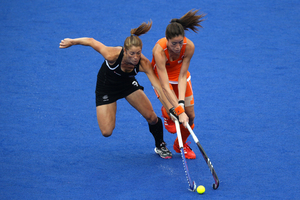 New Zealand Black Sticks Krystal Forgesson in action against the Netherlands. Photo / Brett Phibbs.
