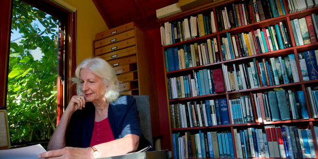 Anne Salmond, academic historian and author, pictured in the library of her Stanley Point home. Photo / Sarah Ivey