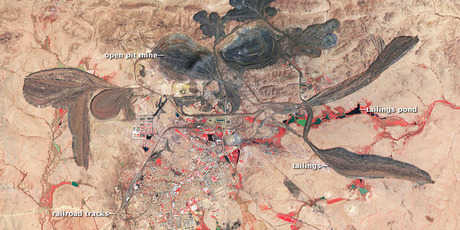 A rare earth metal mine in Bayan Obo, Inner Mongolia. 120km south of here, the processing town of Baotou has suffered ecological devastation. Photo / 2006 false color ASTER image by NASA