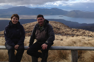 Judy Bailey and mountain guide Stew Barclay on the Tongariro Crossing. Photo / Supplied