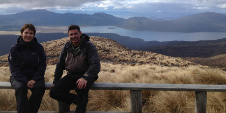 Judy Bailey and mountain guide Stew Barclay on the Tongariro Crossing. Photo / Supplied
