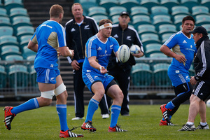 Wyatt Crockett is put through his paces during the All Blacks' training run at North Harbour Stadium yesterday. Photo / Getty Images