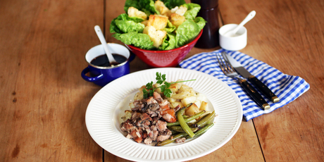 Tomette's Coq au Vin with a simple salad using Fresh Grower cos, some croutons toasted off in Lewis Road Creamery butter and crushed garlic. Photo / Doug Sherring
