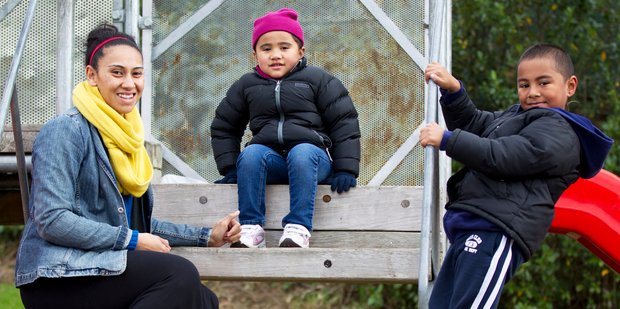 Edith Amituanai with Zyah (4) and Isaac (5) at their favourite place, Don Buck corner park. Photo / Steven McNicholl