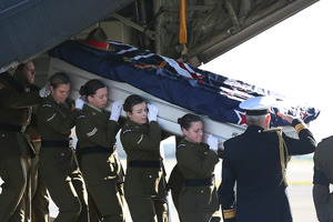 Pallbearers carry the coffin of Lance Corporal Jacinda Baker. Photo / Getty