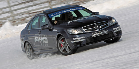 Kitted out in snow-specific tyres, our Mercedes AMG hit the snow at Snow Farm.
Photo / Supplied