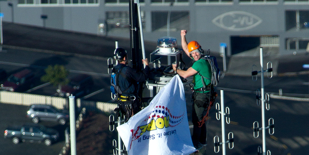 Marc Ellis on the Sky Tower during a radio stunt. Photo / Dean Purcell