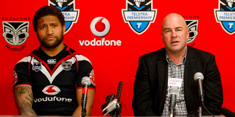 Warriors' captain Manu Vatuvei and coach Brian McClennan reflect on another bad day at the office. Photo / Greg Bowker