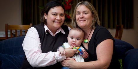 Mahara (left) and Monique, with their 5-month-old son Jamie, have been together for eight years and would like to marry. Photo / Natalie Slade
