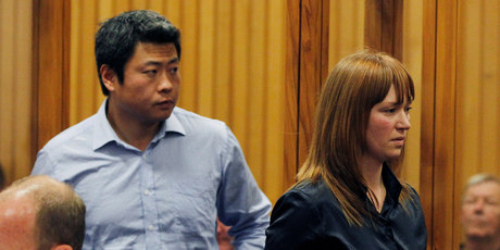 Accidental millionaire Leo Gao and Kara Hurring enter the dock at Rotorua Court for sentencing. Hurring's friend Ruth LeVaillant says the couple are now no more than close friends who took care of each other. Photo / Christine Cornege