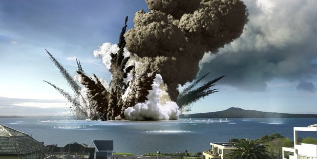 Illustration of a volcano erupting in the Hauraki gulf with Rangitoto in the background. Image / Auckland War Memorial Museum/brandspank.com