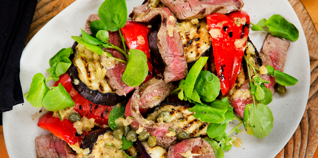 Grilled skirt steak, anchovy butter and grilled vegetables. Photo / Babiche Martens