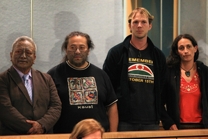 Tama Iti, Te Rangikaiwhira Kemara, Urs Signer and Emily Bailey in the High Court in Auckland. Photo / Greg Bowker