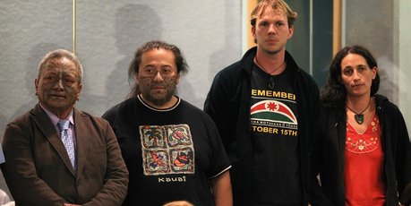 Tama Iti, Te Rangikaiwhira Kemara, Urs Signer and Emily Bailey in the High Court in Auckland during the trial of the Urewera Four. Photo / Greg Bowker