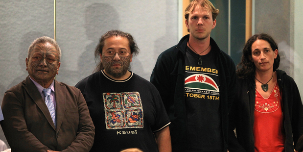 Tama Iti, Te Rangikaiwhira Kemara, Urs Signer and Emily Bailey in the High Court in Auckland during the trial of the Urewera Four. Photo / Greg Bowker