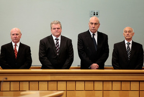 (L- R) Bridgecorp Rod Petricevic, Robert Roest, Gary Urwin and Peter Steigrad, stand in the dock at the Auckland High Court. Photo / File / Brett Phibbs