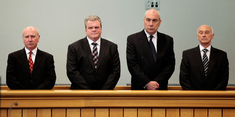 (L- R) Bridgecorp Rod Petricevic, Robert Roest, Gary Urwin and Peter Steigrad, stand in the dock at the Auckland High Court. Photo / Brett Phibbs