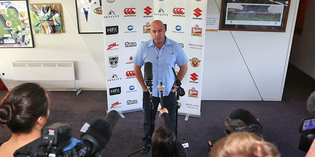 Departing Warriors coach Brian McClennan talks to the media . Photo / Getty Images