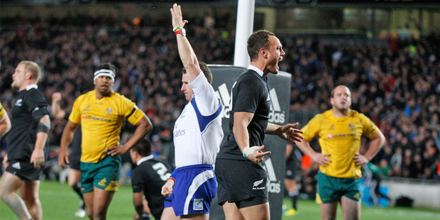 Israel Dagg celebrates scoring the only try of the match. Photo / Richard Robinson