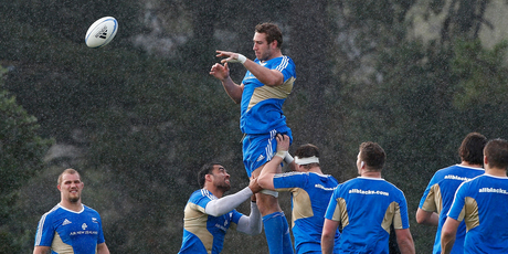 Luke Romano takes part in a training session ahead of Saturday's test against the Wallabies at Eden Park. Photo / Getty Images