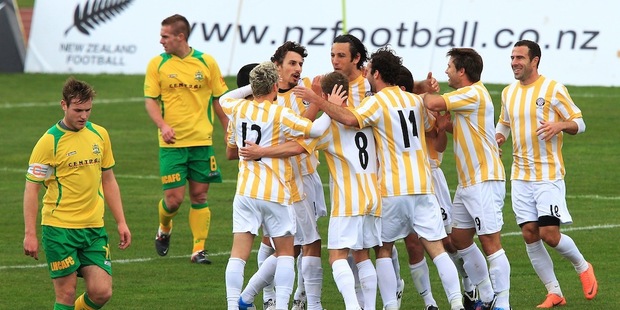 Central United celebrate one of the six goals in the Chatham Cup final against Lower Hutt City at Newtown Park. Photo / Getty Images