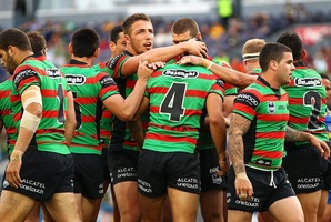 The Rabbitohs celebebrate a try during the round 25 NRL match between the South Sydney Rabbitohs and the Parramatta Eels. Photo / Getty Images