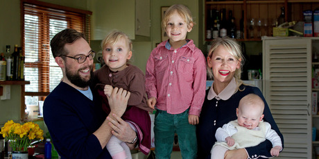 Ingrid Starnes and Simon Pound with four-year-old twins Ned and Olya and baby Gertie, five months. Photo / Sarah Ivey